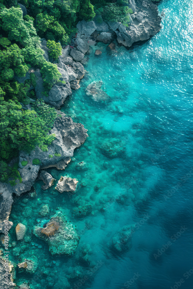 Top-down shot of a clear coral reef in turquoise waters, with a section of open ocean for copy space, Top-down shot of a clear coral reef in turquoise waters, with a section of open ocean for copy space,