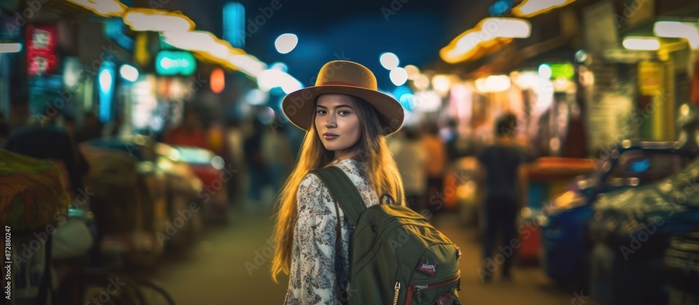 Obraz premium Woman in a Hat Walking Through a Night Market