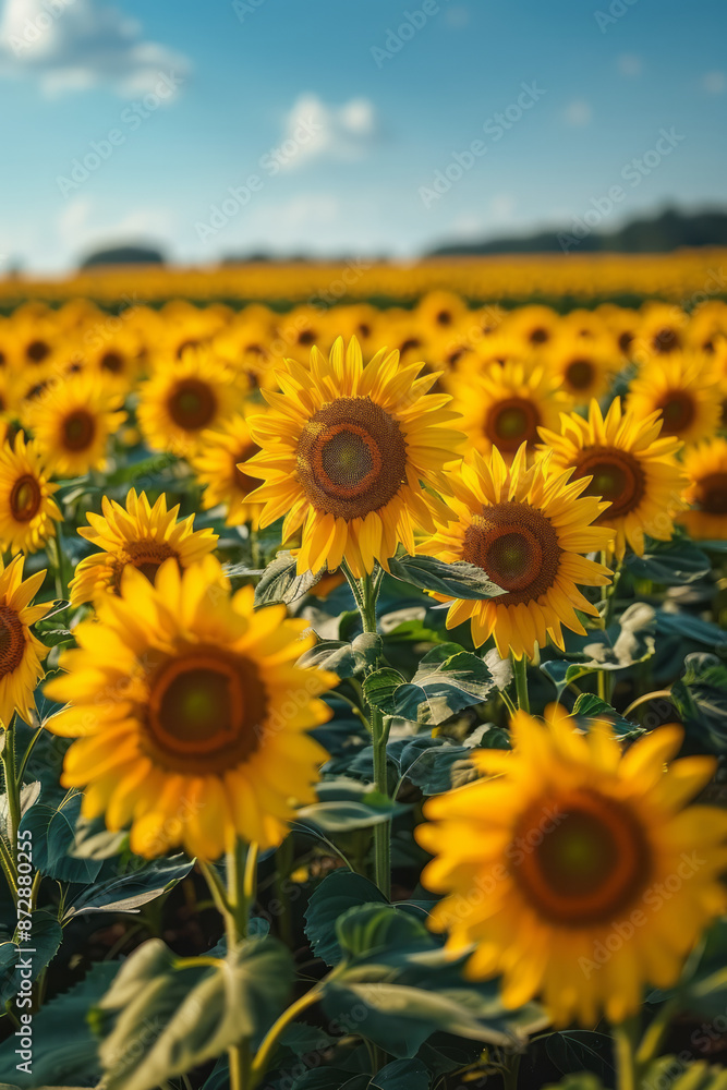 Fototapeta premium Overhead view of a sunflower field with a clear sky above, providing ample space for text,
