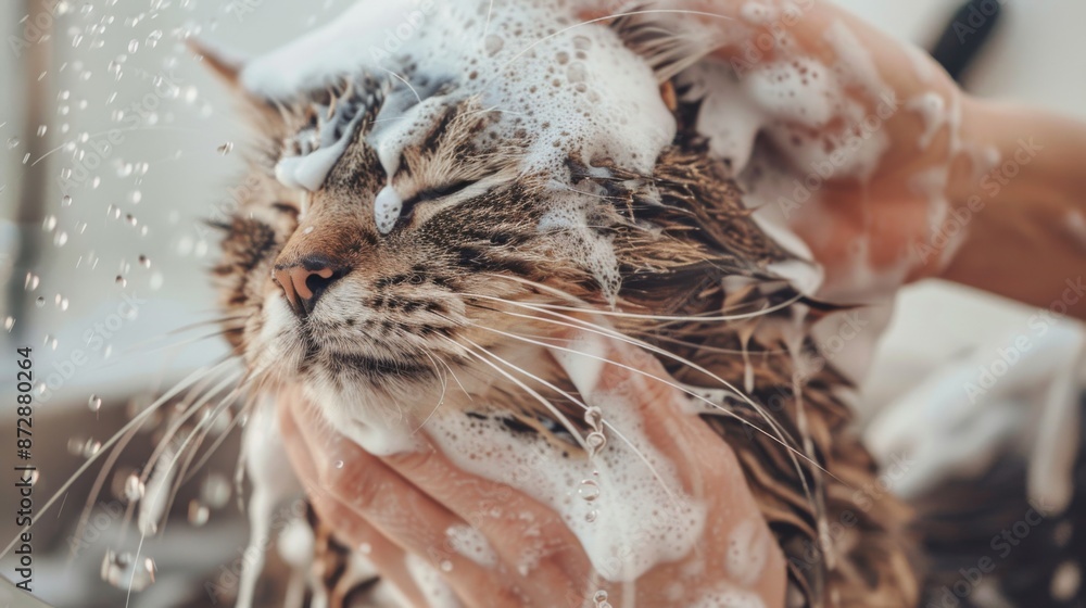 A person carefully washing a cat with a pet-friendly shampoo, the cat's fur all lathered up A person carefully washing a cat with a pet-friendly shampoo, the cat's fur all lathered up