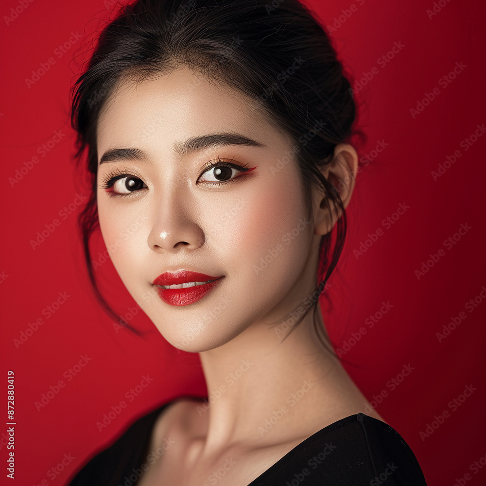 Fototapeta premium Closeup portrait of young Asian beautiful woman with Korean beauty make up style and healthy and perfect skin isolated on pink background for skincare commercial product advertising.