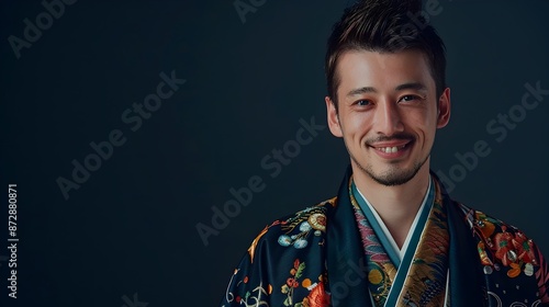 Professional Male Model Posing in Opulent Embroidered Kimono with Vibrant Neo Pop Aesthetic on Dark Indigo Background