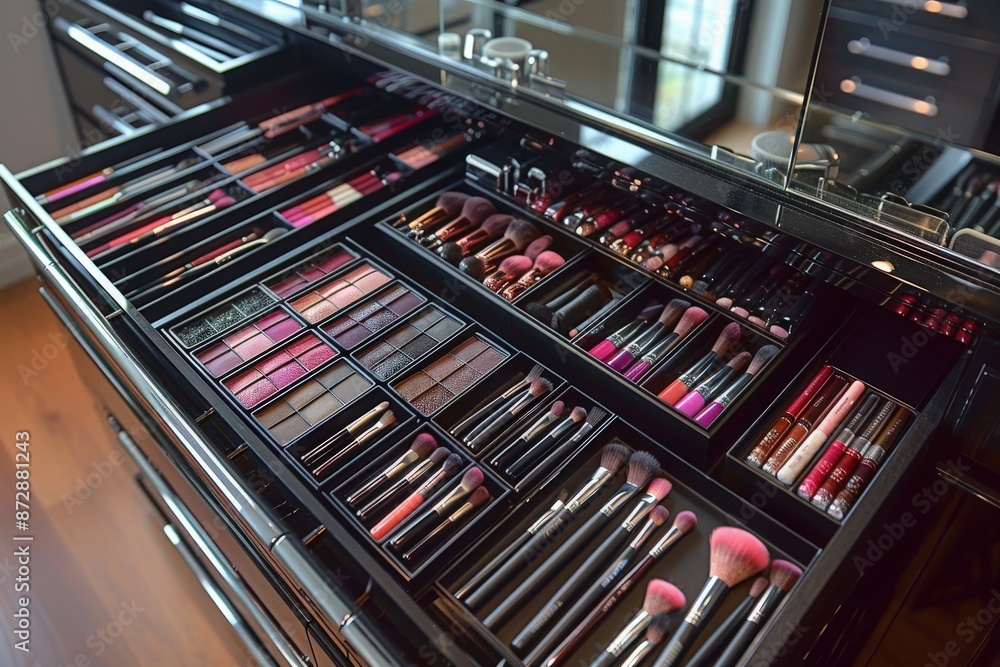 A meticulously organized makeup drawer with a variety of palettes, brushes, and lip glosses. A meticulously organized makeup drawer with a variety of palettes, brushes, and lip glosses.