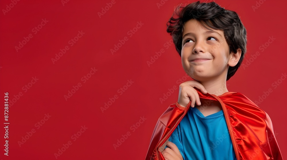 Smiling Young Boy in Superhero Cape Against Vibrant Red Background Smiling Young Boy in Superhero Cape Against Vibrant Red Background