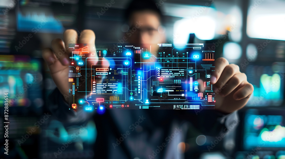 A professional holding up an interactive digital screen displaying data and graphs, representing the integration of technology in business management for advanced intelligence. A professional holding up an interactive digital screen displaying data and graphs, representing the integration of technology in business management for advanced intelligence.