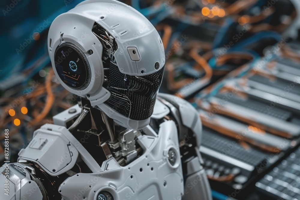 Futuristic robot showcases AIs impact on banking amidst wires and circuits. Futuristic robot showcases AIs impact on banking amidst wires and circuits.