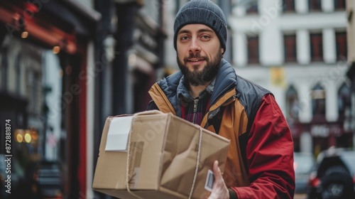 A smiling man wearing a beanie and jacket delivers a package on a busy city street, showcasing urban delivery services. © Vitalii Shkurko