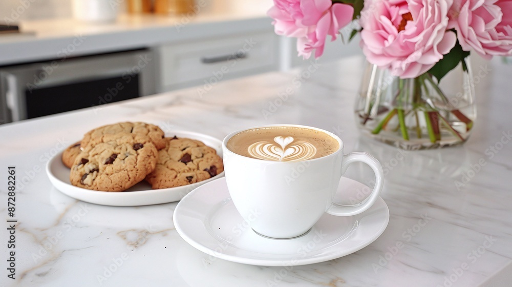 Cup of black coffee and plate with peanut butter cookies on a white table. Cup of black coffee and plate with peanut butter cookies on a white table.
