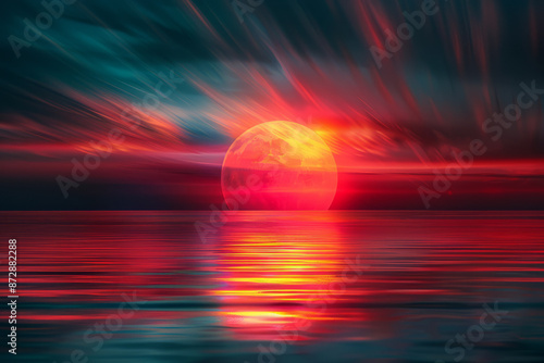 Macro shot of an abstract sunset with a vivid orange sun and horizontal stripes in vibrant colors, creating a striking visual, photo