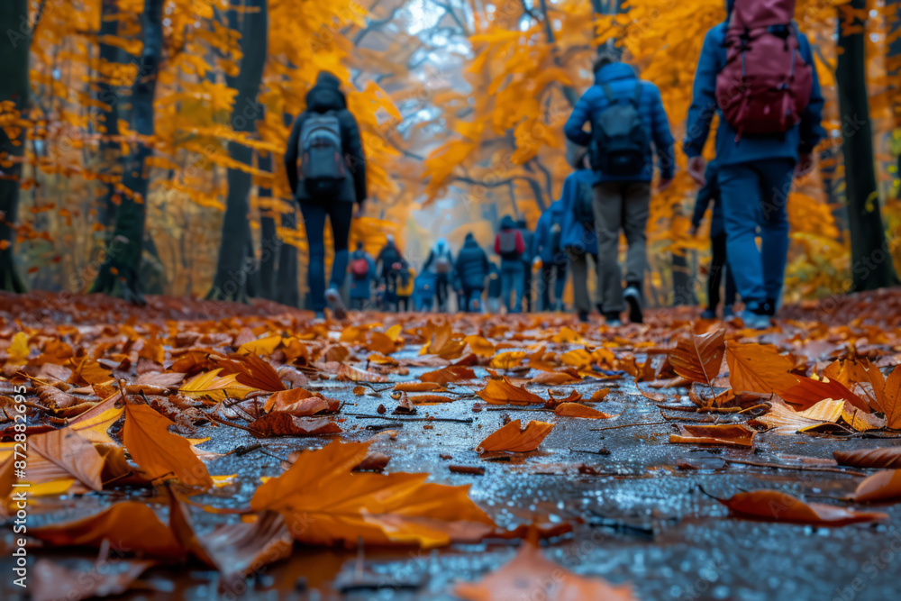 Macro image of autumn leaves scattered on a festival path, with people walking and enjoying the festivities, Macro image of autumn leaves scattered on a festival path, with people walking and enjoying the festivities,