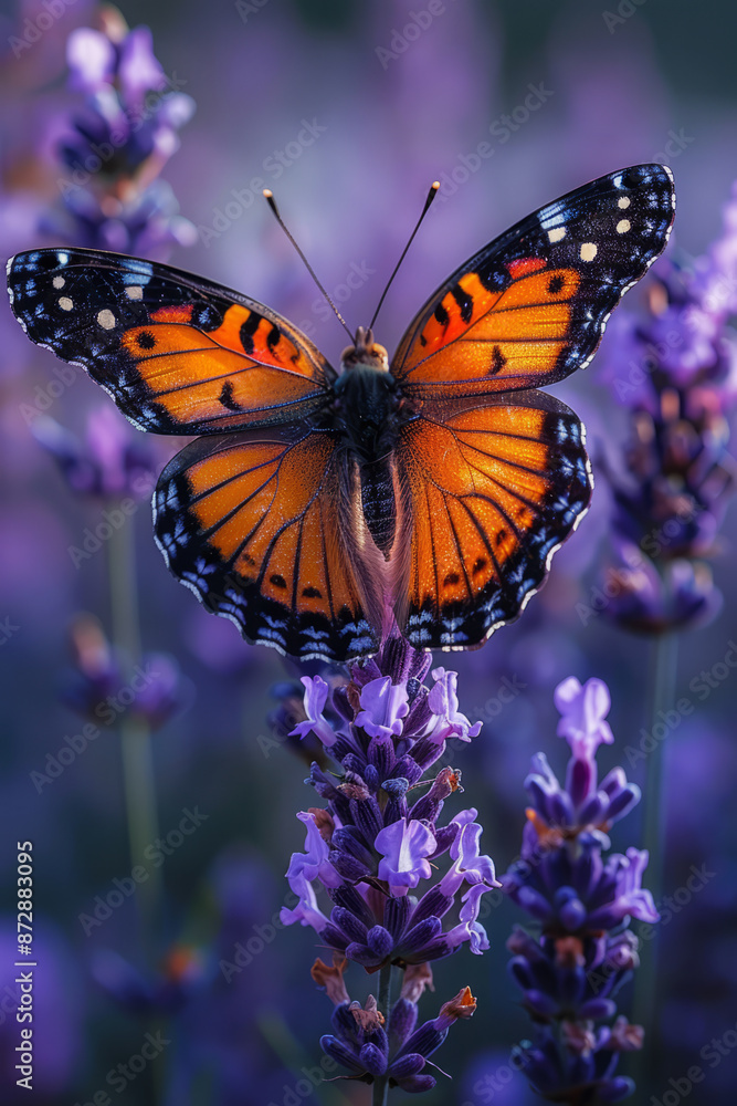 Fototapeta premium Detailed view of a cartoon butterfly with orange and black wings on a lavender flower, surrounded by a playful field,