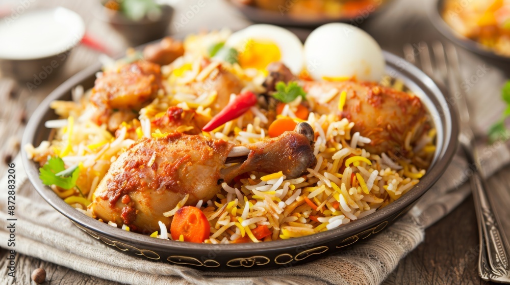 A plate of fragrant biryani rice topped with tender pieces of marinated chicken and boiled egg A plate of fragrant biryani rice topped with tender pieces of marinated chicken and boiled egg