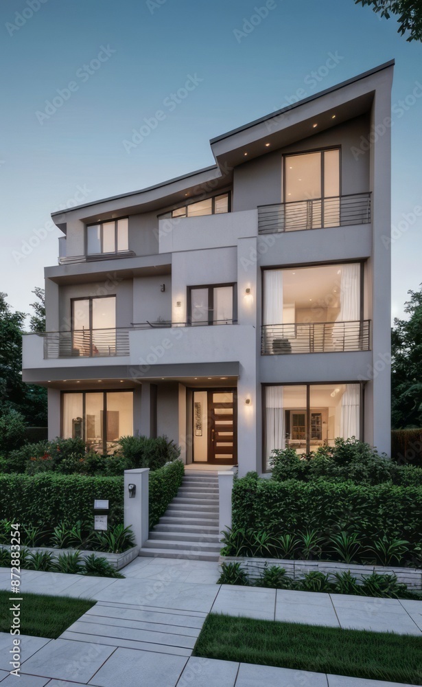 Fototapeta premium A Contemporary Dwelling with Stylish Architecture, Beautiful Exterior Design, and a Serene Garden Setting. Perfect Family Home in a Residential Neighborhood, Featuring Thoughtful Construction