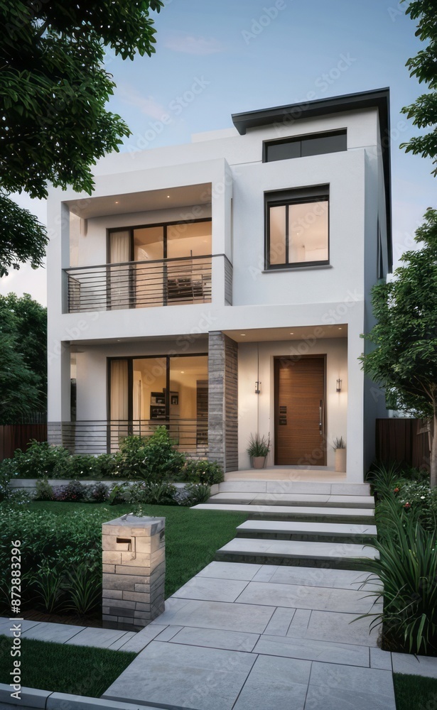 Obraz premium A Contemporary Dwelling with Stylish Architecture, Beautiful Exterior Design, and a Serene Garden Setting. Perfect Family Home in a Residential Neighborhood, Featuring Thoughtful Construction