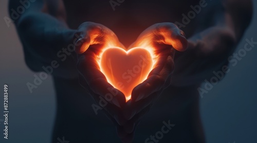 Hands holding a glowing heart-shaped light against a dark background, symbolizing love, warmth, and care. photo