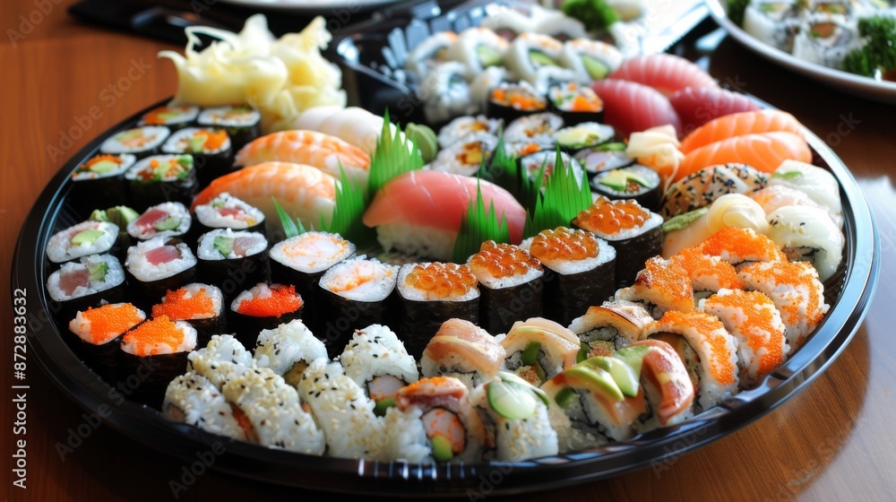 A platter of assorted sushi rolls with soy sauce, wasabi, and pickled ginger A platter of assorted sushi rolls with soy sauce, wasabi, and pickled ginger