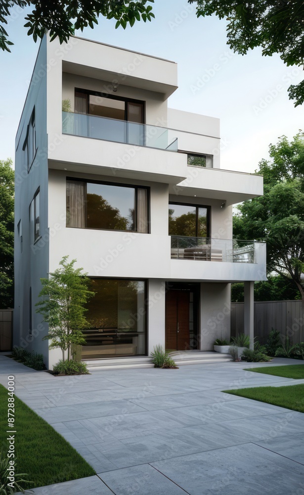 Fototapeta premium A Contemporary Dwelling with Stylish Architecture, Beautiful Exterior Design, and a Serene Garden Setting. Perfect Family Home in a Residential Neighborhood, Featuring Thoughtful Construction