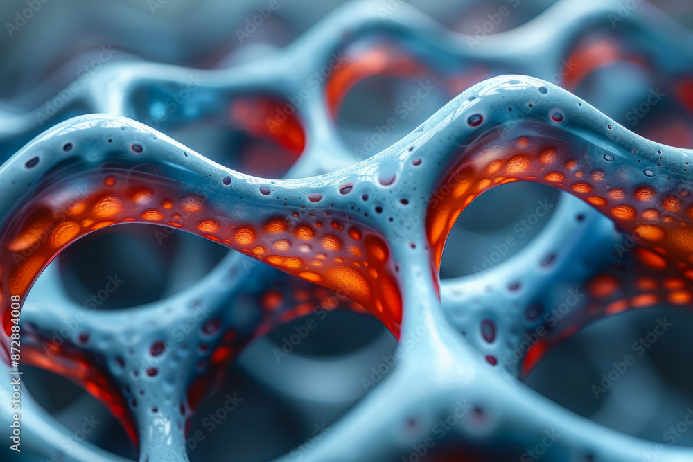 Close-up of a computer simulation of a red and blue, with intricate visual details, Close-up of a computer simulation of a red and blue, with intricate visual details,