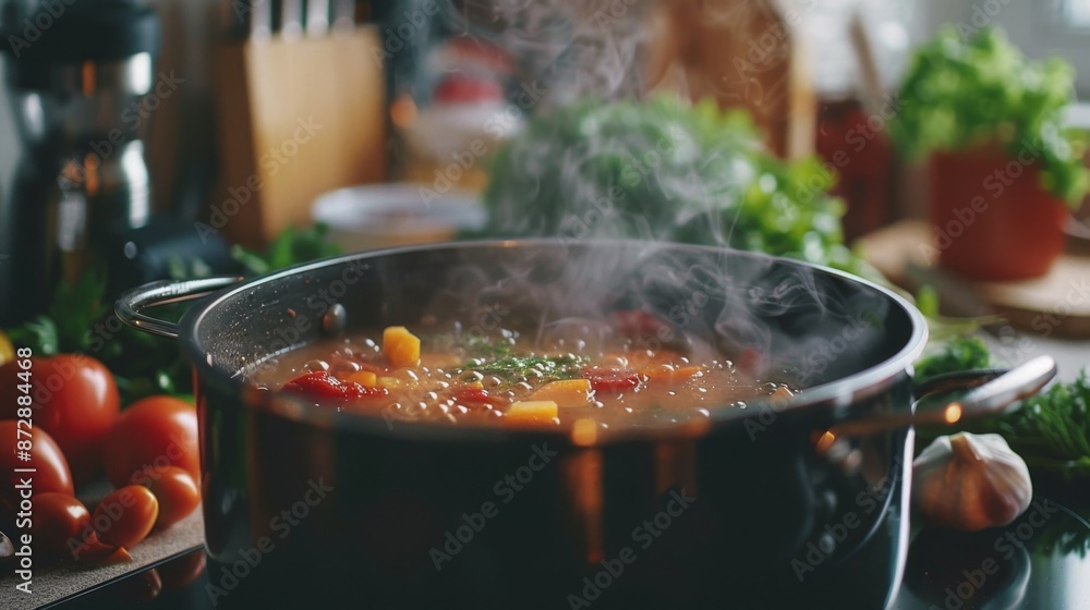 A pot of hearty soup boiling on a stovetop, with fresh ingredients nearby A pot of hearty soup boiling on a stovetop, with fresh ingredients nearby