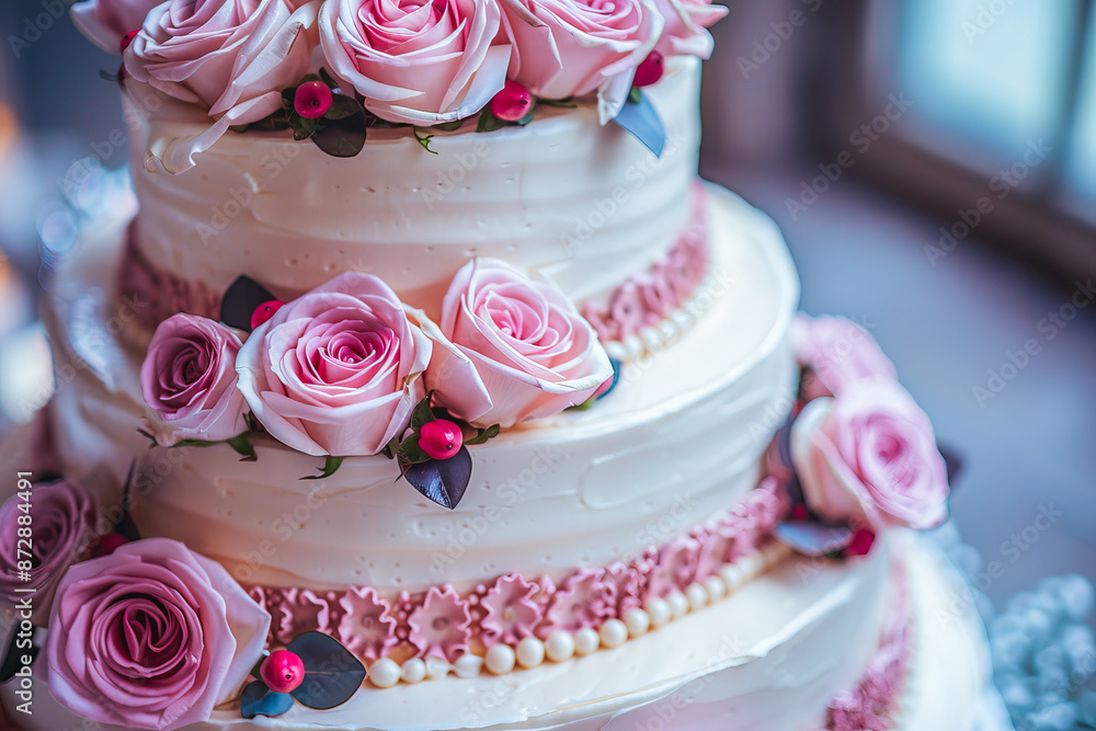 Delicious white wedding cake decorated with pink roses and pearls Delicious white wedding cake decorated with pink roses and pearls