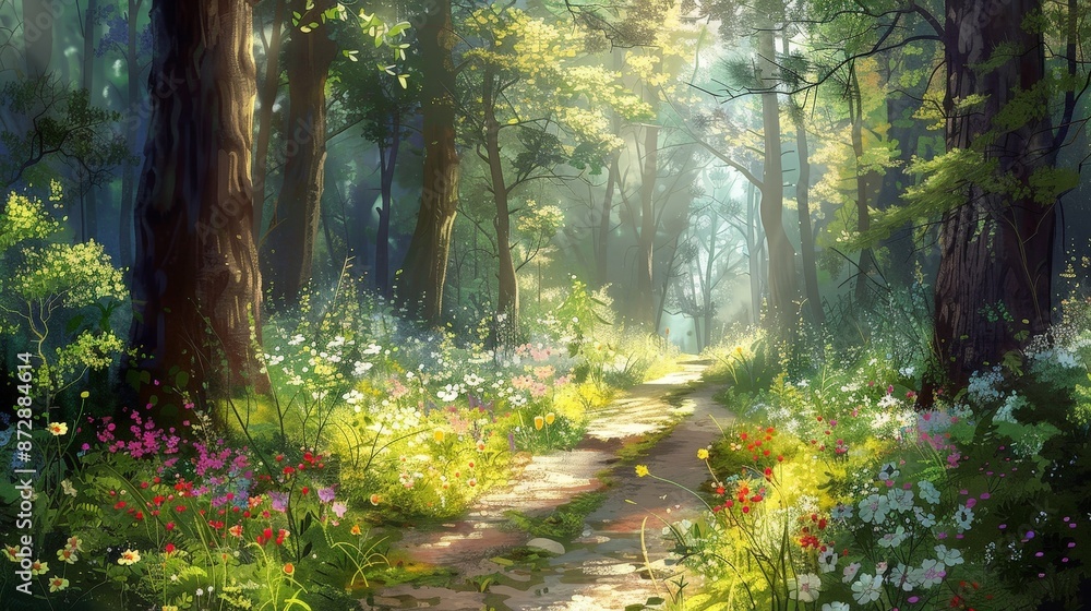 Illustrate an oil painting of a tranquil forest path in spring, with blooming wildflowers, tall trees, and dappled sunlight filtering through the canopy. Illustrate an oil painting of a tranquil forest path in spring, with blooming wildflowers, tall trees, and dappled sunlight filtering through the canopy.
