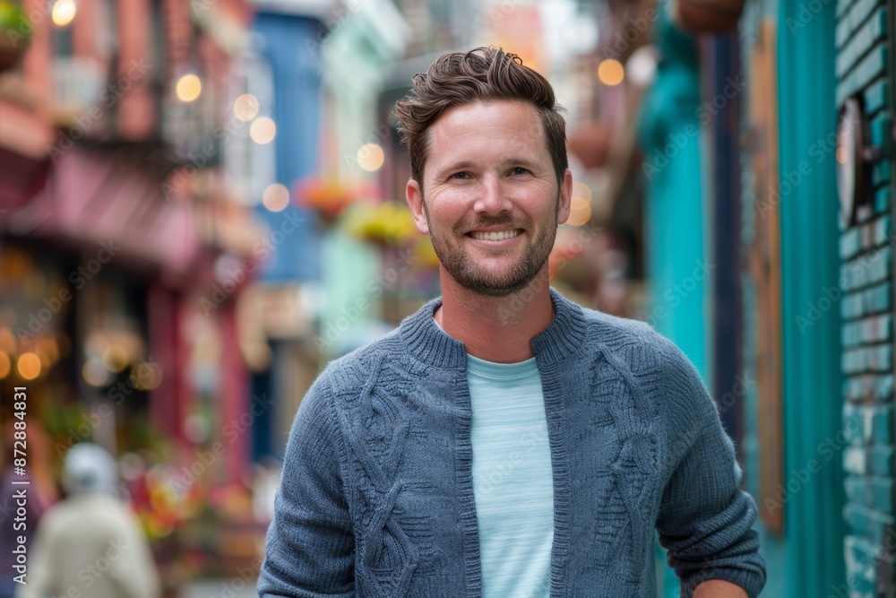 Fototapeta premium Portrait of a blissful caucasian man in his 30s wearing a chic cardigan on vibrant market street background