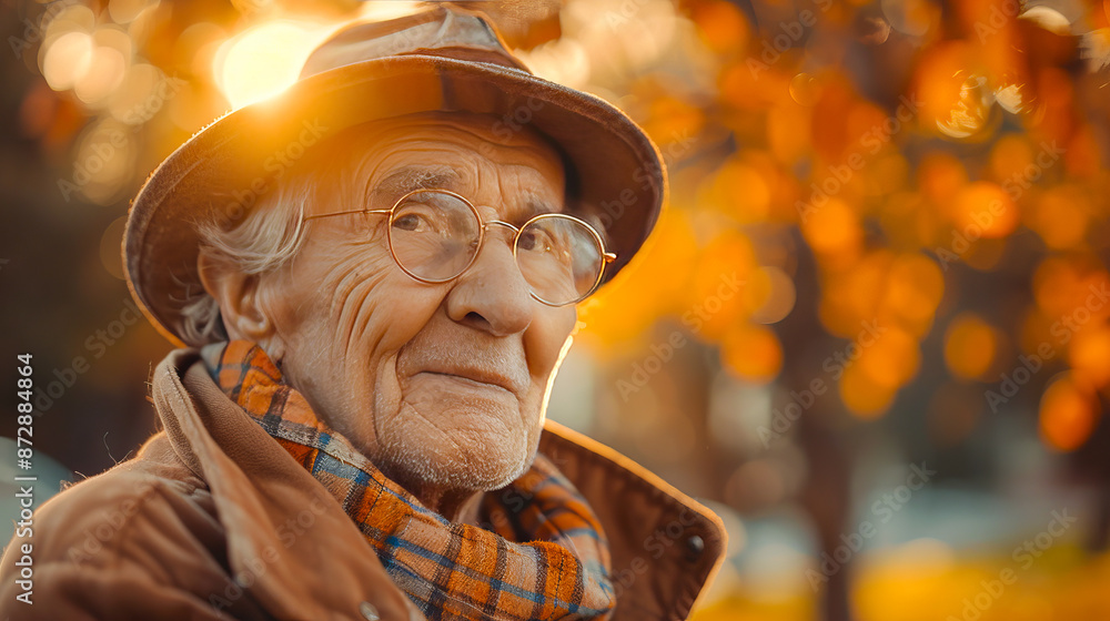 Elderly man wearing hat and scarf enjoying autumn day