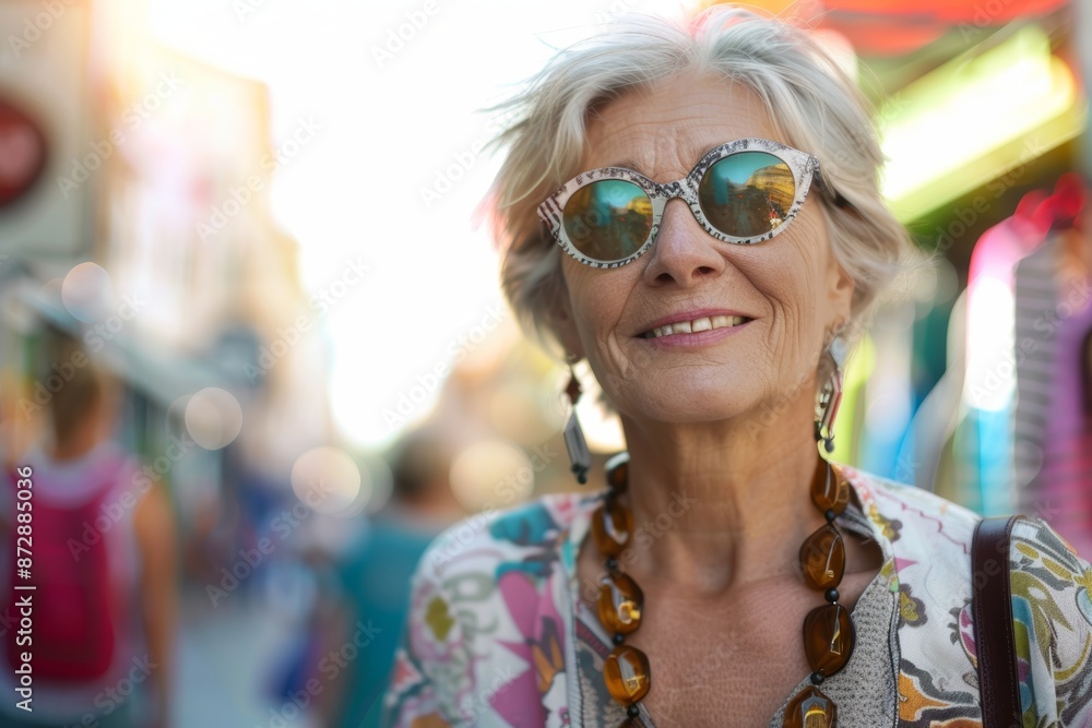 Portrait of a cheerful caucasian woman in her 70s wearing a trendy sunglasses in vibrant market street background Portrait of a cheerful caucasian woman in her 70s wearing a trendy sunglasses in vibrant market street background
