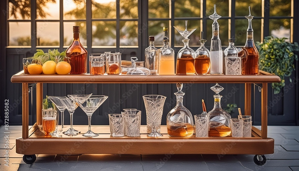 A stylish bar cart stocked with cocktail glasses and spirits. A stylish bar cart stocked with cocktail glasses and spirits.