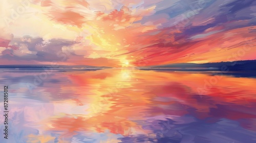 Illustrate an oil painting of a tranquil sunset over a calm lake, with the sky painted in warm hues of orange, pink, and purple, reflecting on the water's surface.