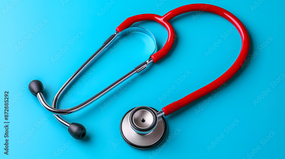 Red stethoscope lying on a blue background representing medical healthcare Red stethoscope lying on a blue background representing medical healthcare