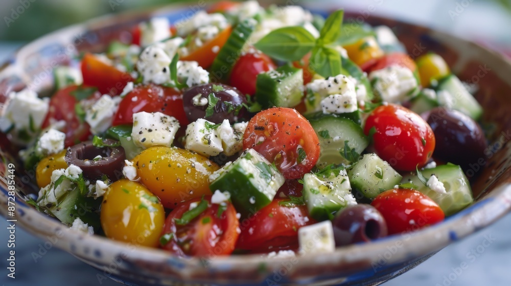 A refreshing Greek salad with tomatoes, cucumbers, olives, feta cheese, and olive oil dressing A refreshing Greek salad with tomatoes, cucumbers, olives, feta cheese, and olive oil dressing