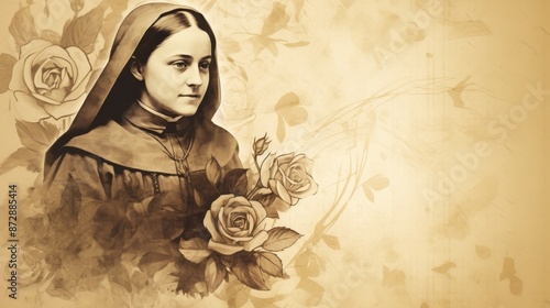 The painting of St. Therese of Lisieux Holding Bouquet of Roses, Carmelite Convent, Biblical Illustration, Beige Background, Copyspace,Christian banner