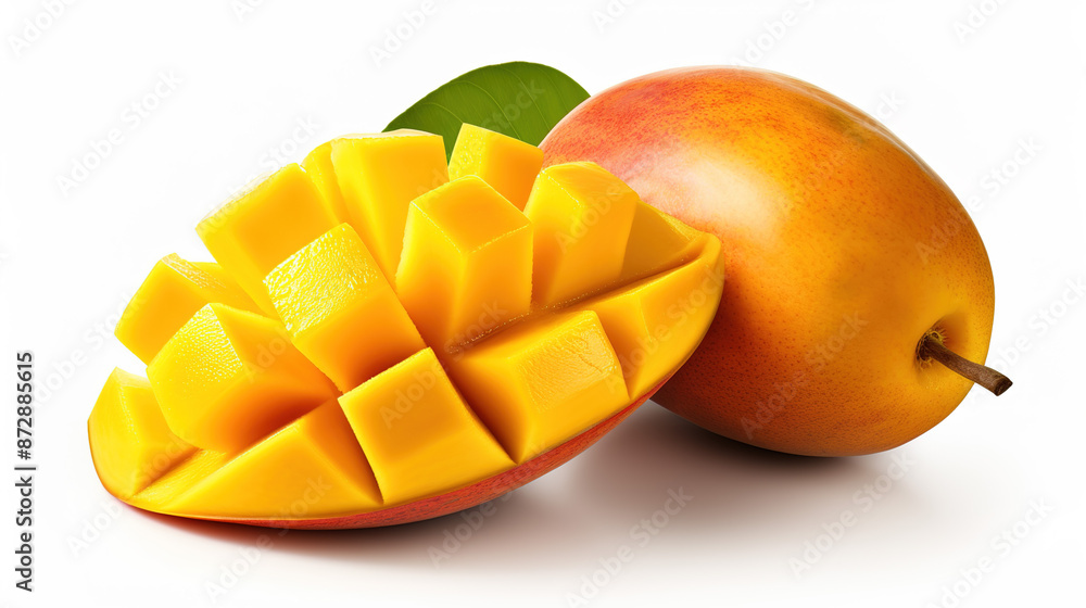 Mango on white background. Ripe juicy mango with slices. Mango on white background. Ripe juicy mango with slices.