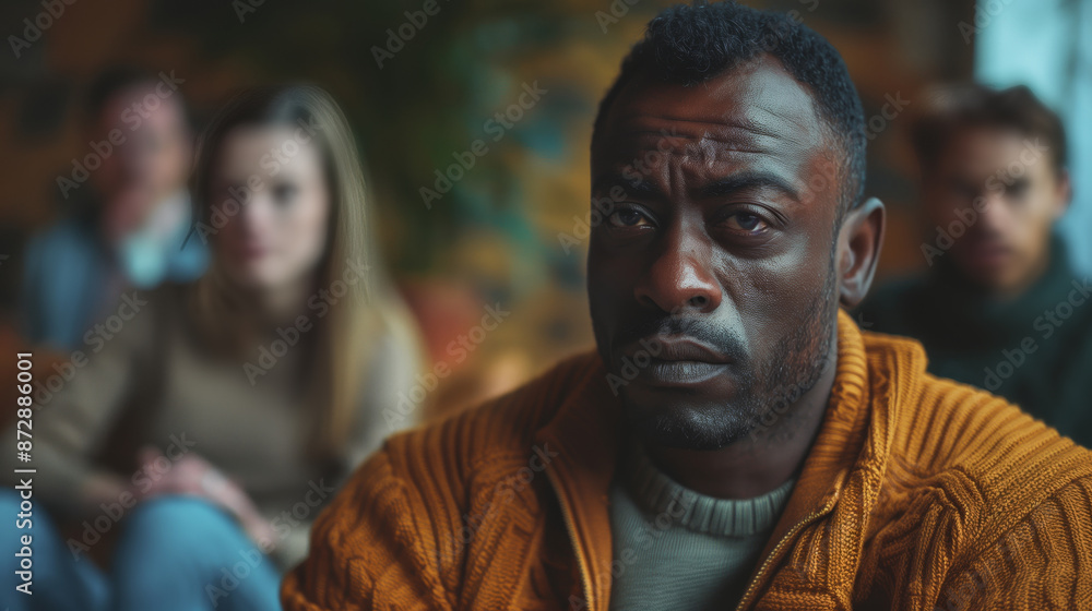 Black man sitting in group therapy, serious expression with other people around him, Black man sitting in group therapy, serious expression with other people around him,