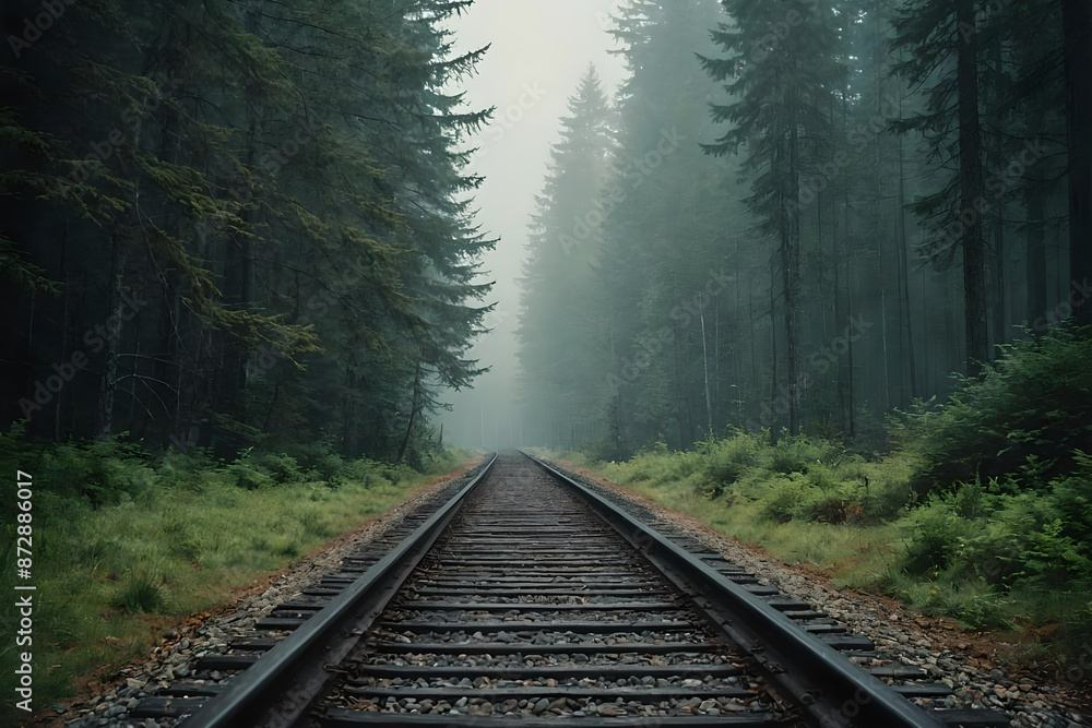 Fototapeta premium Railway tracks going deep into misty forest. Magic AI generated landscape. Digital illustration. CG Artwork Background