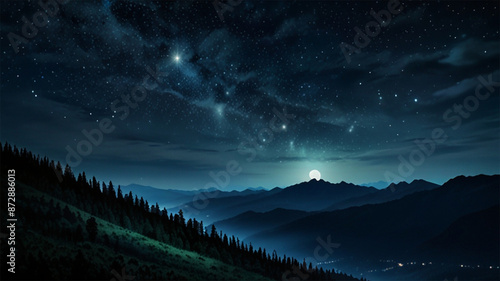 Stars in the sky, in the style of digital painting, tender depiction of nature, dark sky-blue and black, soft, romantic scenes, romanticized landscapes, serene atmospheric perspective, fine detailed