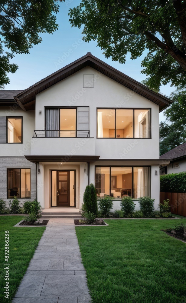 Fototapeta premium A Contemporary Dwelling with Stylish Architecture, Beautiful Exterior Design, and a Serene Garden Setting. Perfect Family Home in a Residential Neighborhood, Featuring Thoughtful Construction