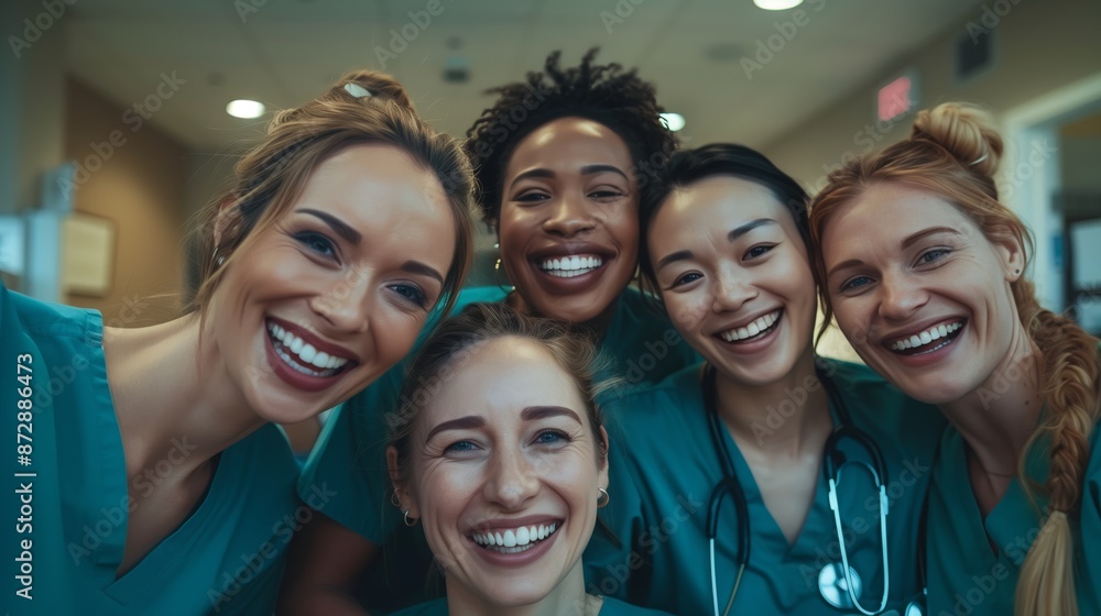 A group of smiling medical professionals taking a selfie in the office A group of smiling medical professionals taking a selfie in the office