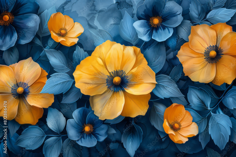 Detailed view of yellow and blue watercolor blending into floral patterns, leaving clear space for copy in the center, Detailed view of yellow and blue watercolor blending into floral patterns, leaving clear space for copy in the center,