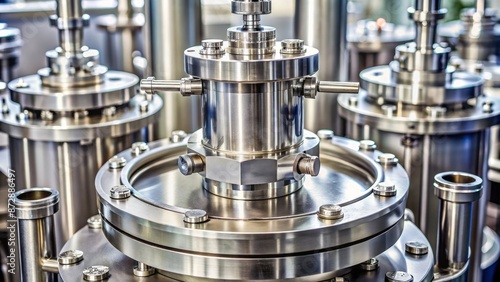 Close-up of metallic vacuum apparatus with stainless steel flanges securely fastened to cylindrical reactor in a sterile laboratory setting. © Wanlop