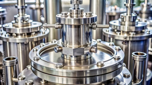 Close-up of metallic vacuum apparatus with stainless steel flanges securely fastened to cylindrical reactor in a sterile laboratory setting.