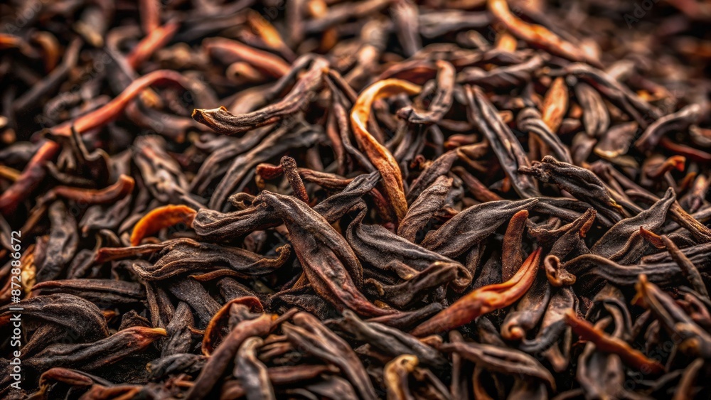 Richly textured, dark, abstract background featuring close-up of black dry tea leaves in high-quality, full-frame banner or poster format. Richly textured, dark, abstract background featuring close-up of black dry tea leaves in high-quality, full-frame banner or poster format.