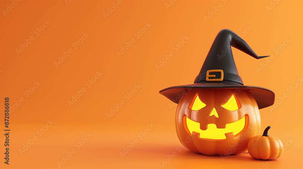 Halloween pumpkin in a witch hat on an orange background Halloween pumpkin in a witch hat on an orange background