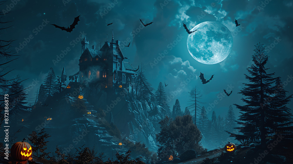 Obraz premium Halloween pumpkins near creepy trees with scary mansion and moonlight in the background