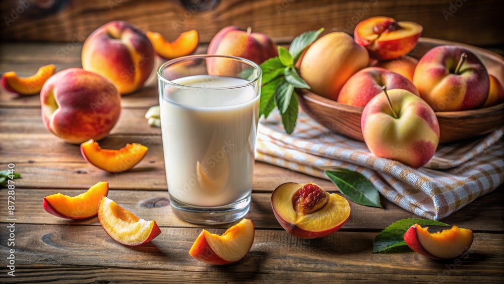 Freshly sliced peaches overflowing from a delicate glass, surrounded by rustic wooden table and soft, natural morning light ambiance. Freshly sliced peaches overflowing from a delicate glass, surrounded by rustic wooden table and soft, natural morning light ambiance.