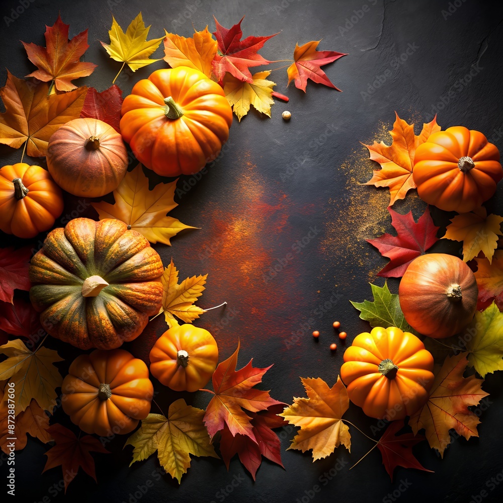 Herbst Dekoration mit bunten Blättern und Kürbissen - dunkler Hintergrund - Halloween - Jahreszeit Herbst Dekoration mit bunten Blättern und Kürbissen - dunkler Hintergrund - Halloween - Jahreszeit