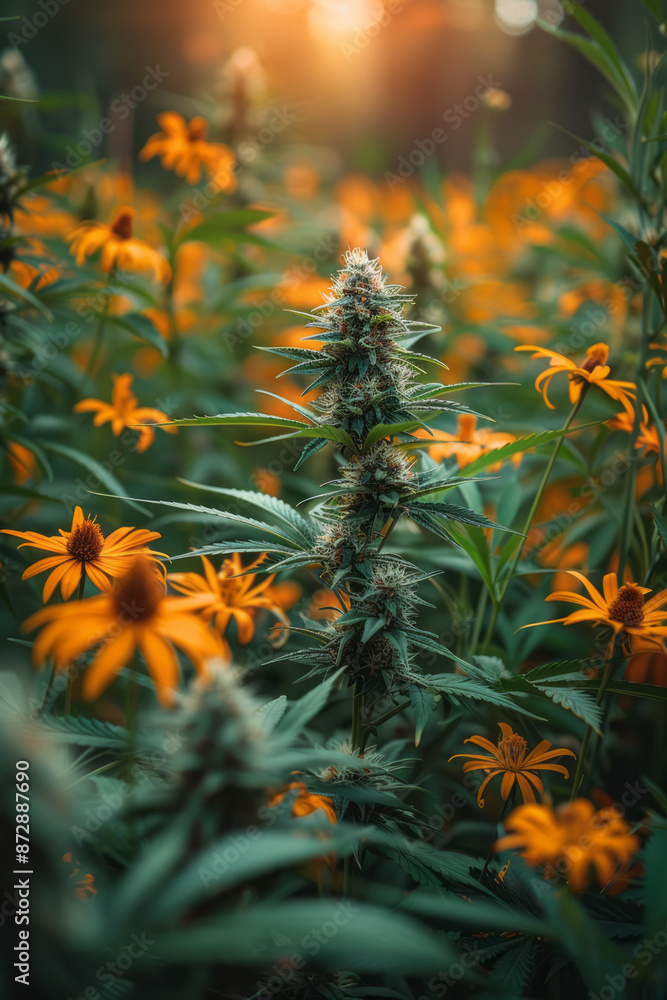 Detailed image of marijuana plants in an open field, surrounded by tall grasses and wildflowers, Detailed image of marijuana plants in an open field, surrounded by tall grasses and wildflowers,