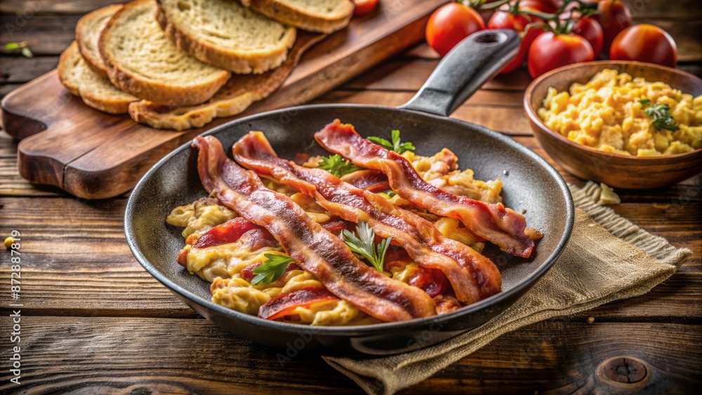Freshly cooked crispy bacon strips sizzling on a rustic wooden table surrounded by scrambled eggs and toasted bread rolls. Freshly cooked crispy bacon strips sizzling on a rustic wooden table surrounded by scrambled eggs and toasted bread rolls.
