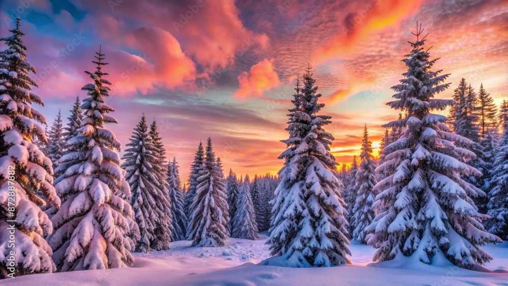 custom made wallpaper toronto digitalVibrant pink sunset illuminates frosty Russian winter forest, heavy snow-laden fir trees stand tall with thick, gnarled branches, serene and still.